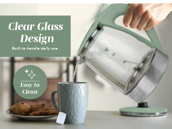 Elegant clear glass electric tea kettle showcasing water visibility while boiling.