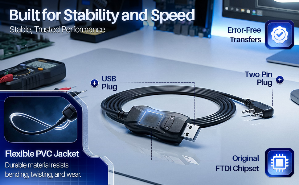 Close-up of connectors and cable showing stable Chirp programming cable use with ftdi cable baofeng
