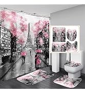 4Pcs Paris Eiffel Tower Pink Shower Curtain Sets Bathroom Set Decor with Non-Slip Rugs Bath U-Sha...