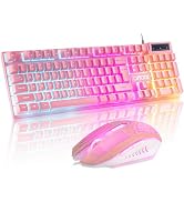 CHONCHOW Pink Keyboard and Mouse Combo with Backlit, Function Keys, 19 Keys Anti-ghosting for Gam...