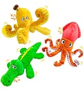 WOWBALA No Stuffing Dog Squeak Toys-3 Pack Plush Crinkle Interactive Puppy Chew Toys, Cute Octopu...