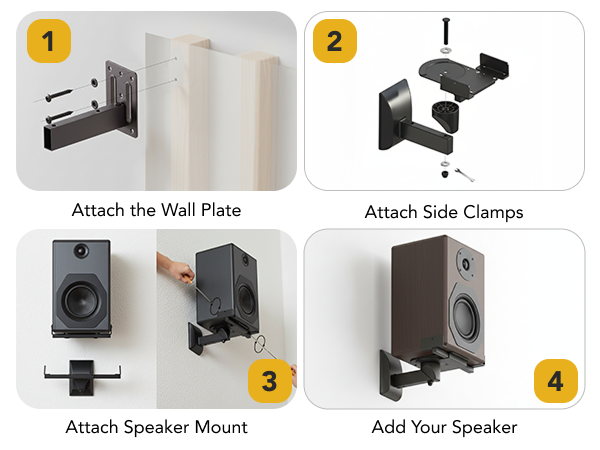 Four-step visual guide showing easy installation of the MI-SB37 speaker wall mount.