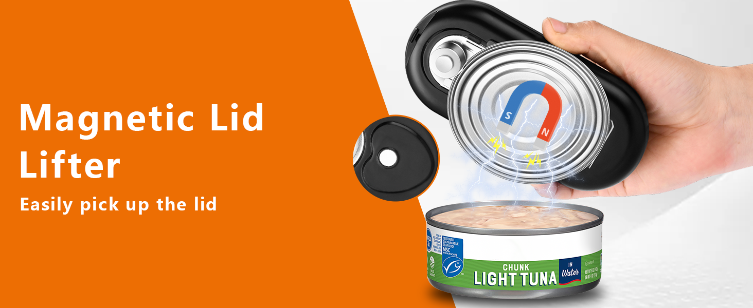 Electric can opener with a built-in magnetic lid holder that removes can lids safely after opening.