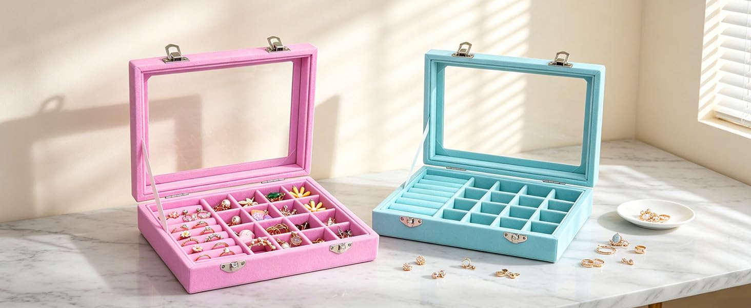 Vicoter Velvet Jewelry Organizer Tray 7 Ring Slots &amp;amp; 16 Grid Compartments Glass Lid Display Case
