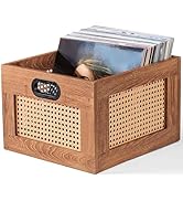 LELELINKY Vinyl Record Storage Crate, Rattan Vinyl Record Holder with Handle, Wood Record Crate f...