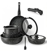 Simple Deluxe 12 Pcs Cookware Set, Non-Stick Pots and Pans Set, with Black Granite Texture and De...