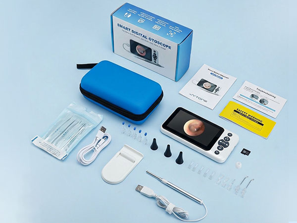Otoscope Kit: 32GB card, stand, storage bag, user manual, safety card, ear picks.