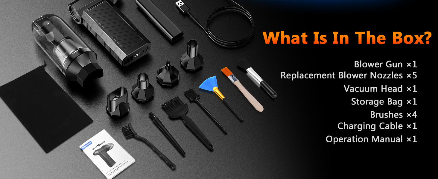 Text reads 'What Is In The Box?' listing: 'Shower Gun x1, Vacuum Head x1, Storage Box x1, Charging Cable x1, Operation Manual x1'. Product components displayed on dark background.