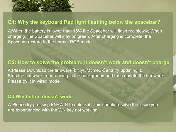Text reads 'Q1: Why the keyboard Red light flashing below the spacebar?', 'Q2: How to solve this problem. It doesn't work and doesn't charge', 'Q3: Win button doesn't work' followed by corresponding troubleshooting answers.