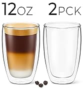 DLux Coffee Mugs, 12oz Latte Clear Glass Set of 2 Cups, Double Wall Insulated Borosilicate Glassw...