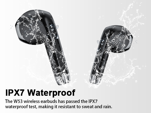 Black wireless earbuds splashing in water, demonstrating IPX7 waterproof rating. Text indicates resistance to sweat and rain. Visible water droplets and splashes surround the earbuds.