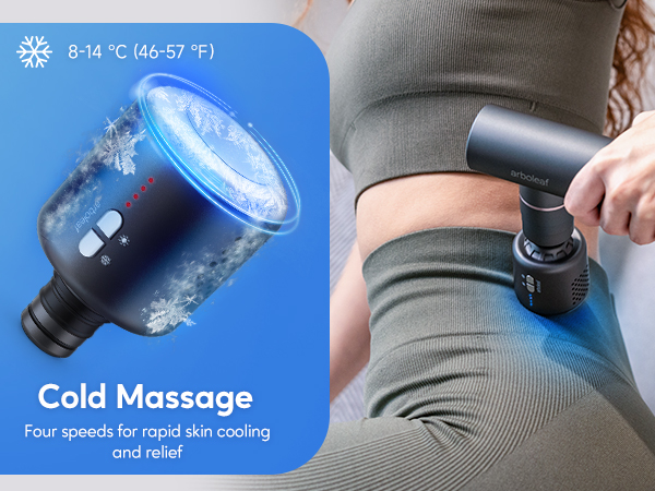 Cold massage head in use, with cooling range 8–14°C and icy visual effects