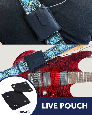 Text reads 'LIVE POUCH'. Electric guitar shown in red and blue pattern with black hardware components, displayed across multiple detail shots.