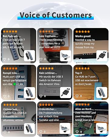 Collage of customer review snippets for a USB hub product. Reviews highlight features like multiple ports, compatibility with various devices, and positive user experiences in different languages.
