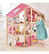 Tiny Land Wooden Dollhouse for Girls - 6 Rooms Wooden Doll House, DIY Pretend Dream House with 30...