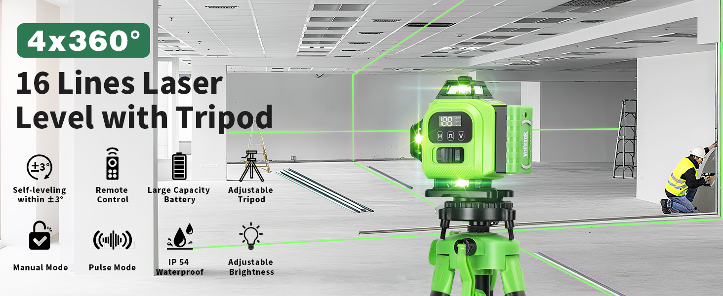 16 Line Laser Level 360 Self Leveling, 4x360°Professional 4D Cross Line Green Laser Level