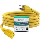 FSTSN 10 ft Heavy Duty Extension Cord Yellow - 12/3 SJTW 15 AMP Indoor Power Cord with 3 Prong Gr...