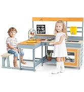 HONEY JOY Mud Kitchen &amp; Kids Picnic Table, 2 in 1 Fir Wood Play Kitchen w/Built-in Bench, Blackbo...