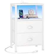 Furologee Nightstand with Charging Station, End Table with LED Lights, Bedside Table with Fabric ...