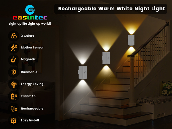 easuntec warm white night light rechargeable motion sensor magnetic stick on white mb 001