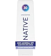 Native Mineral Sunscreen Lotion SPF 30, Unscented, with 100% Mineral Zinc Oxide for Face &amp; Body, ...