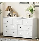 55'' White Dresser for Bedroom, 7 Deep Drawer Large Wood Dresser with Gold Handles, Modern Wide S...