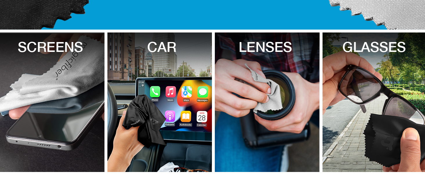 Use on screens. In the car. On camera lenses and on sunglasses or reading glasses.