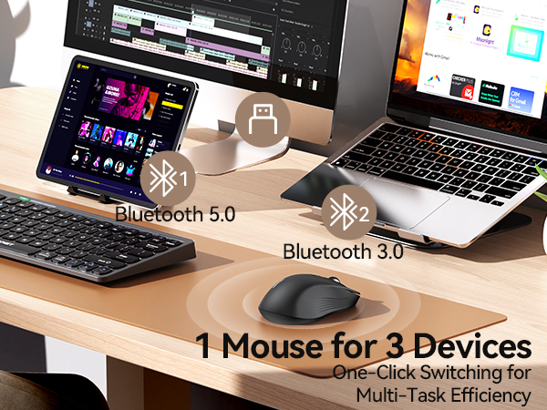 Text reads 'Bluetooth 5.0', 'Bluetooth 3.0', '1 Mouse for 3 Devices', 'One-Click Switching for Multi-Task Efficiency'. Product image shows wireless mouse with multiple device connectivity setup.