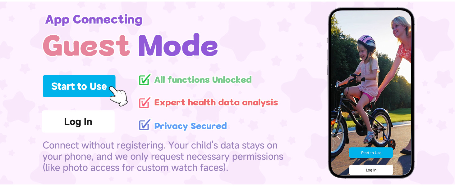 Mobile app interface showcasing 'Guest Mode' feature with benefits like 'All Functions Unlocked', 'Expert health data analysis', and 'Privacy Secured'. Screen displays cycling activity tracking.