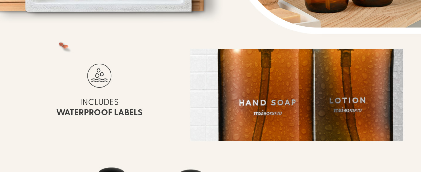 Text reads 'INCLUDES WATERPROOF LABELS' with 'HAND SOAP' and 'LOTION' labels visible on wooden bottles, product packaging detail view.