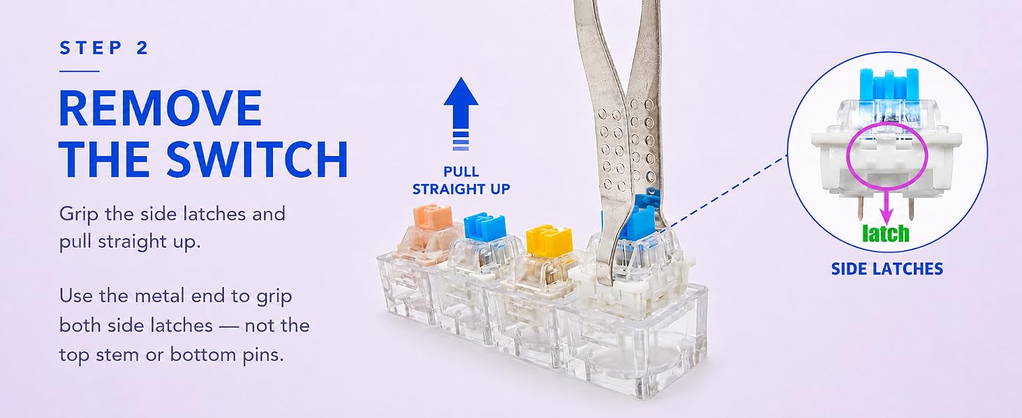 The metal end grips the side latches of a switch and pulls it straight up from the base.