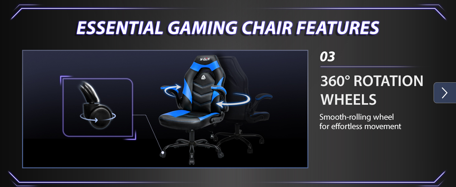 Gaming chair with 360-degree rotation and smooth wheels