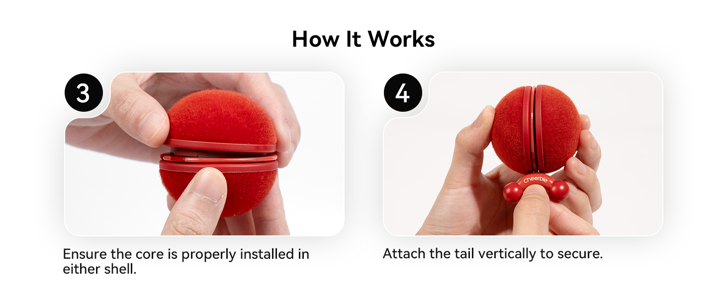 Text reads 'How It Works' with numbered steps 3 and 4 showing hands demonstrating installation process of a red product.