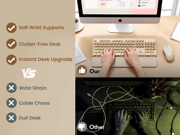 typing on wireless keyboard mouse with wrist rest clean desk setup compared to messy wired keyboard