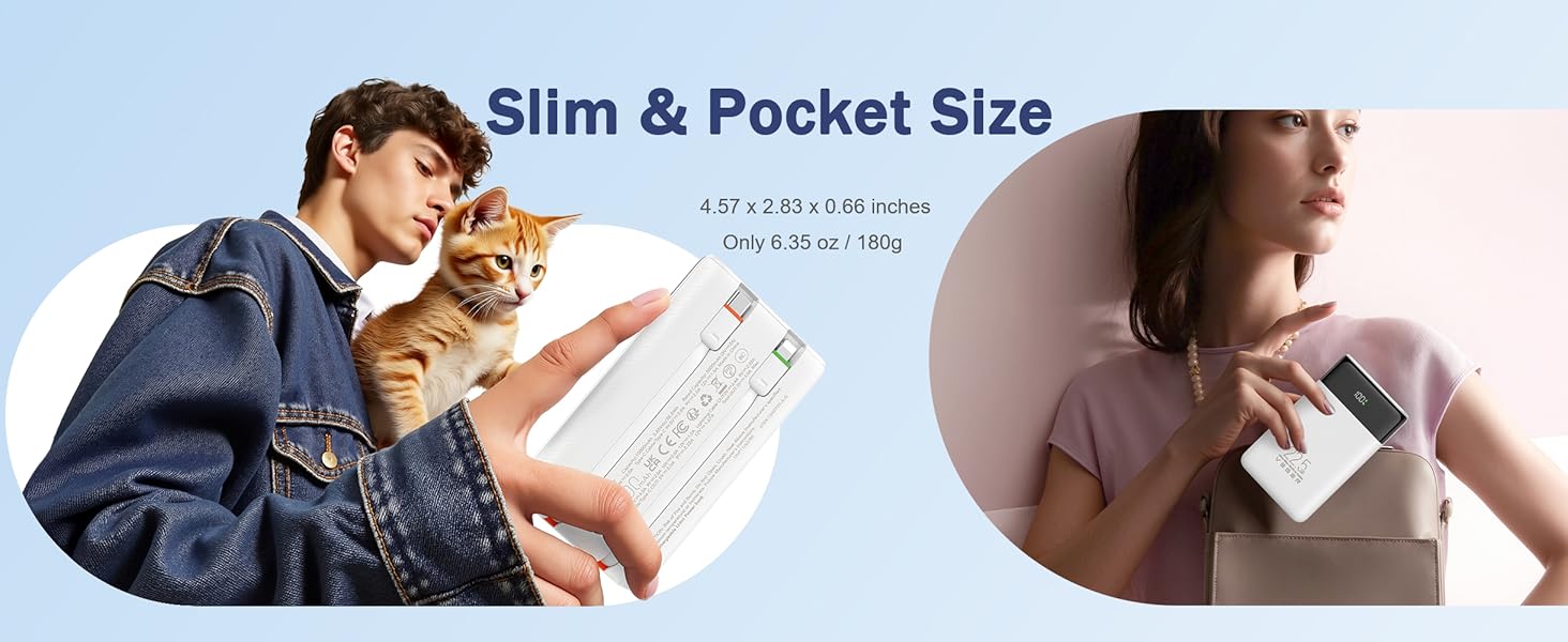 Slim Portable Charger, Pocket Size, Weighing 6.35 oz/180g, measuring 4.57 x 2.83 x 0.66 inches