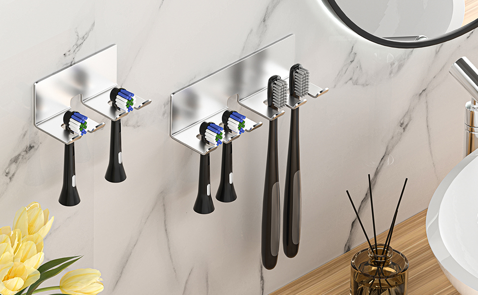 Wall-mounted bathroom organizer with silver chrome finish, featuring multiple toothbrush holders and storage compartments against marble-style background.