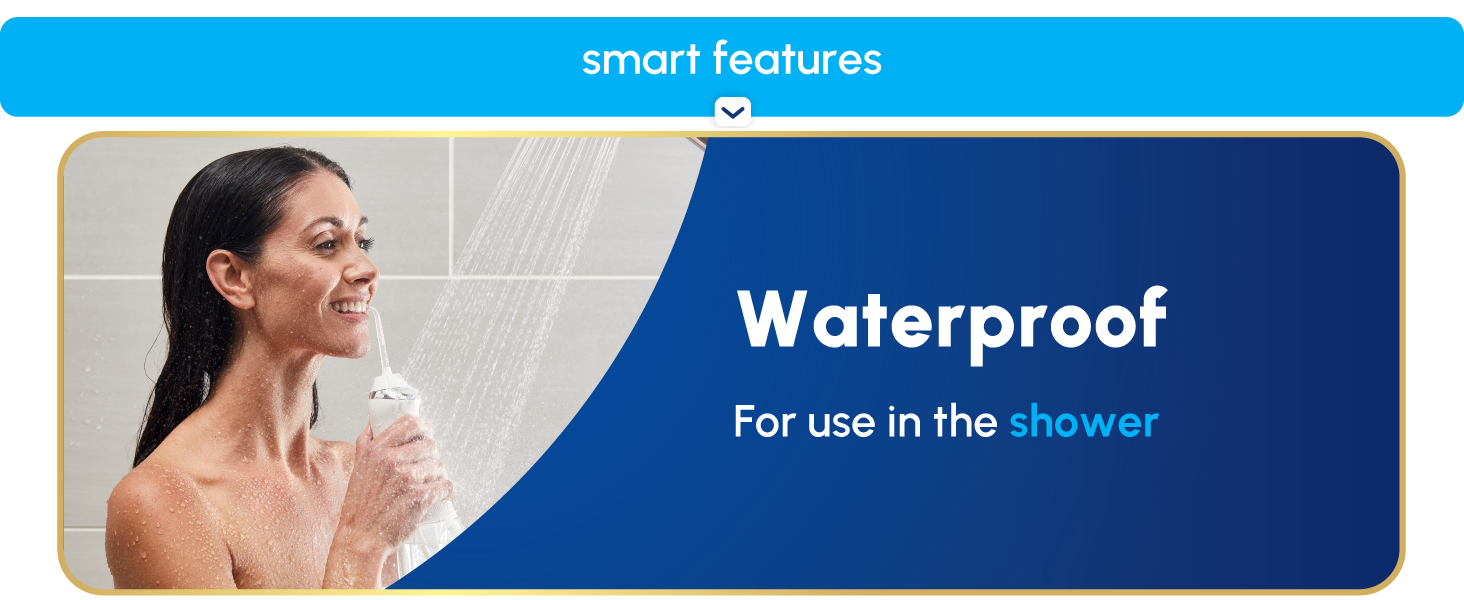 Image of Waterpik Cordless Advanced water flosser with text reading waterproof for use in the shower