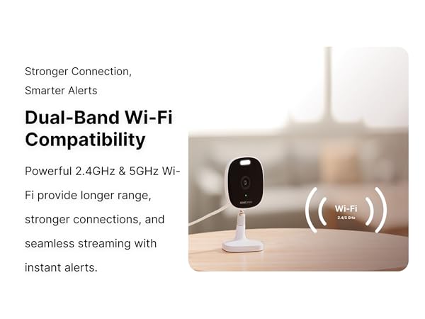 AlfredCam Plus 2 on table showing dual-band Wi-Fi support for stronger, seamless connections.