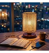 Rattan Table Lamp,Boho Small Beside Lamp,Farmhouse Table Lamp for Room Decor,Vintage Wicker Woode...