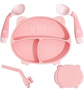 Deejoy Baby Plates with Suction, Toddler Spoon Fork and Removable Straw for Self Feeding, 100% Si...