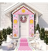 4 PCS Pink Merry Christmas Gingerbread House Door Banner Christmas Hanging Porch Banners Xmas Gin...