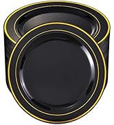 bUCLA BUCLA100Pieces Plates New Year Plates Black Plastic Plates with Gold Rim-10.25 inch Disposa...