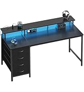 DUMOS Computer Desk with 4 Drawers,4 Drawer Gaming Desk with with Power Outlets and LED Lights,Of...