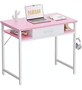 Pamray 32 Inch Small Computer Desk with Drawer and Shelves Simple Study Work Table for Bedroom Pink