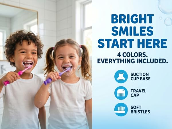 Kids&amp;#39; toothbrush features: suction base, bubbly grip, ultra-soft bristles, snap-on travel cap