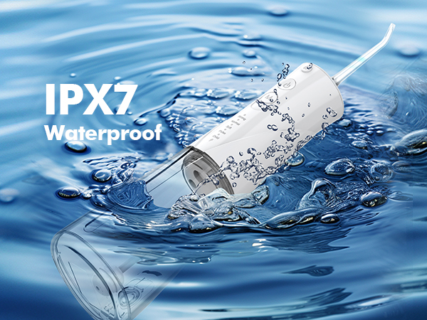 Cylindrical white device submerged in water with bubbles. Text 'IPX7 Waterproof' indicates high water resistance rating.