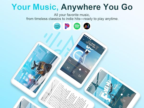 Text reads: 'Your Music, Anywhere You Go'. Marketing collage showing music app interface screens and mobile devices on blue gradient background.