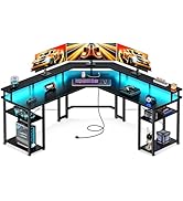 Coleshome L Shaped Gaming Desk with LED Lights &amp; Power Outlets, Reversible 56" Computer Desk with...