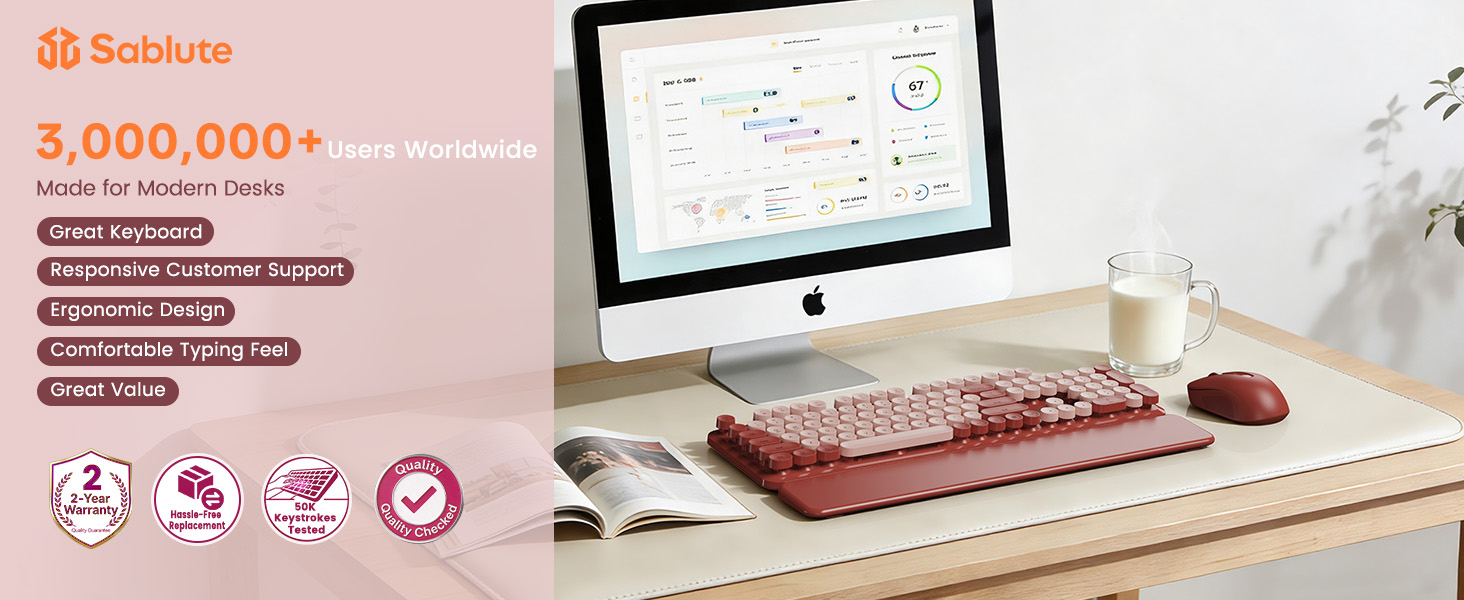 Wine red wireless keyboard mouse combo with wrist rest on modern desk setup comfortable typing feel