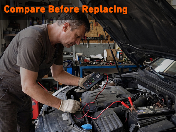 Text reads "Compare Before Replacing". Mechanic in gray shirt performing vehicle engine maintenance work under open hood with red and black tools visible.